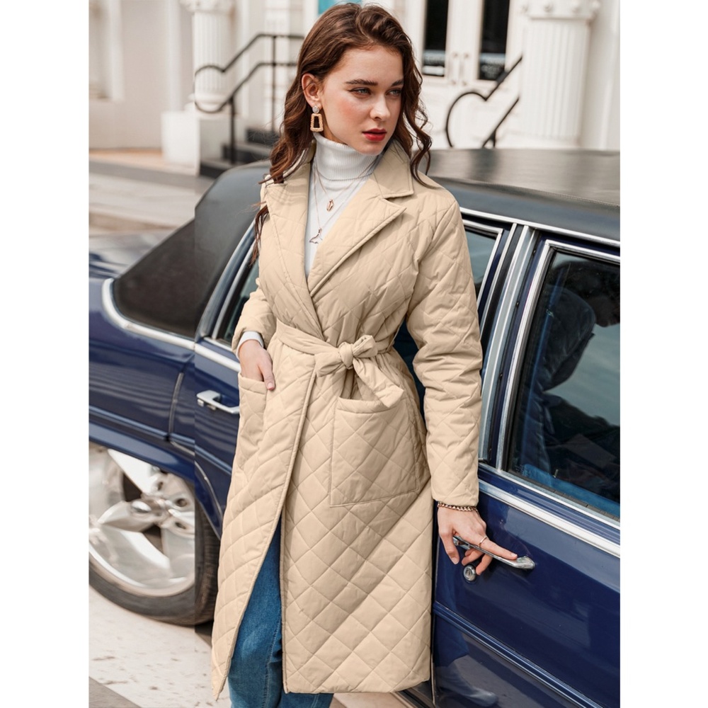 Beige Quilted Belted Coat with Pockets - Picture 3 of 17